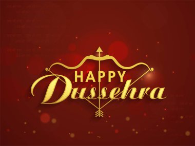 Golden Happy Dussehra Font With Bow, Arrow Illustration And Bokeh Light Effect On Red Jai Shri Ram Hindi Text Pattern Background.