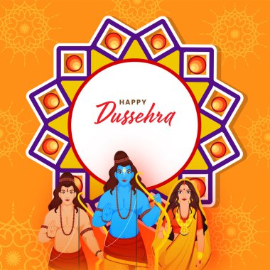 Hindu Mythological Lord Rama With His Wife (Sita), Little Brother (Lakshman) Character And Mandala Frame On Orange Background For Happy Dussehra.