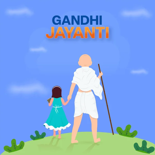 Back View Mahatma Gandhi Bapu Girl Character Blue Green Background — Stockvector