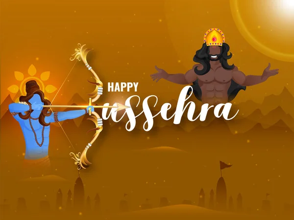 Happy Dussehra Lettering Lord Rama Taking Aim Demon King Ravana — Stockvector