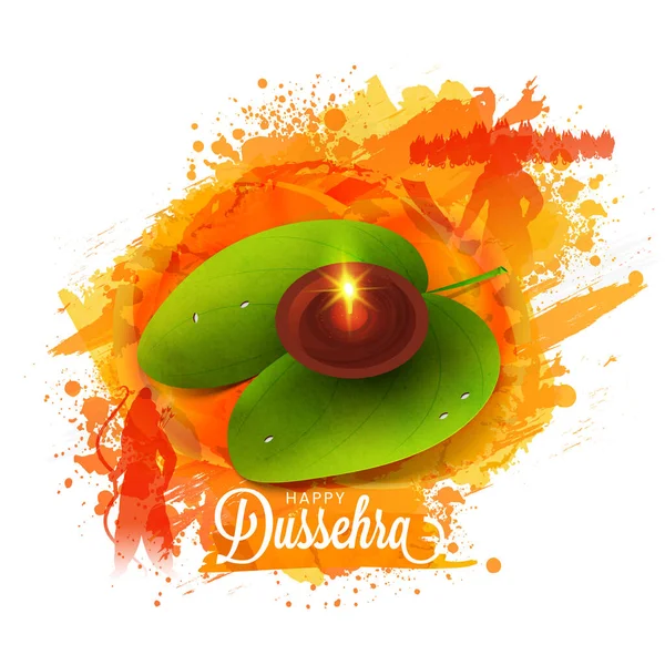 Happy Dussehra Lettering Burning Oil Lamp Diya Betel Leaf Orange — Stock vektor