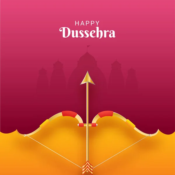 Happy Dussehra Celebration Poster Design Golden Bow Arrow Yellow Pink — Vector de stock