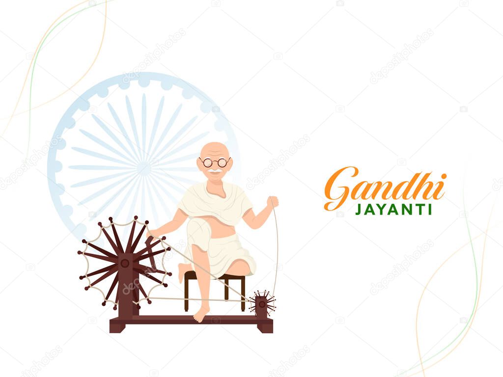 Gandhi Jayanti Concept With Mahatma Gandhi (Bapu) Spinning Charkha And Indian Flag Ribbon On White Background.