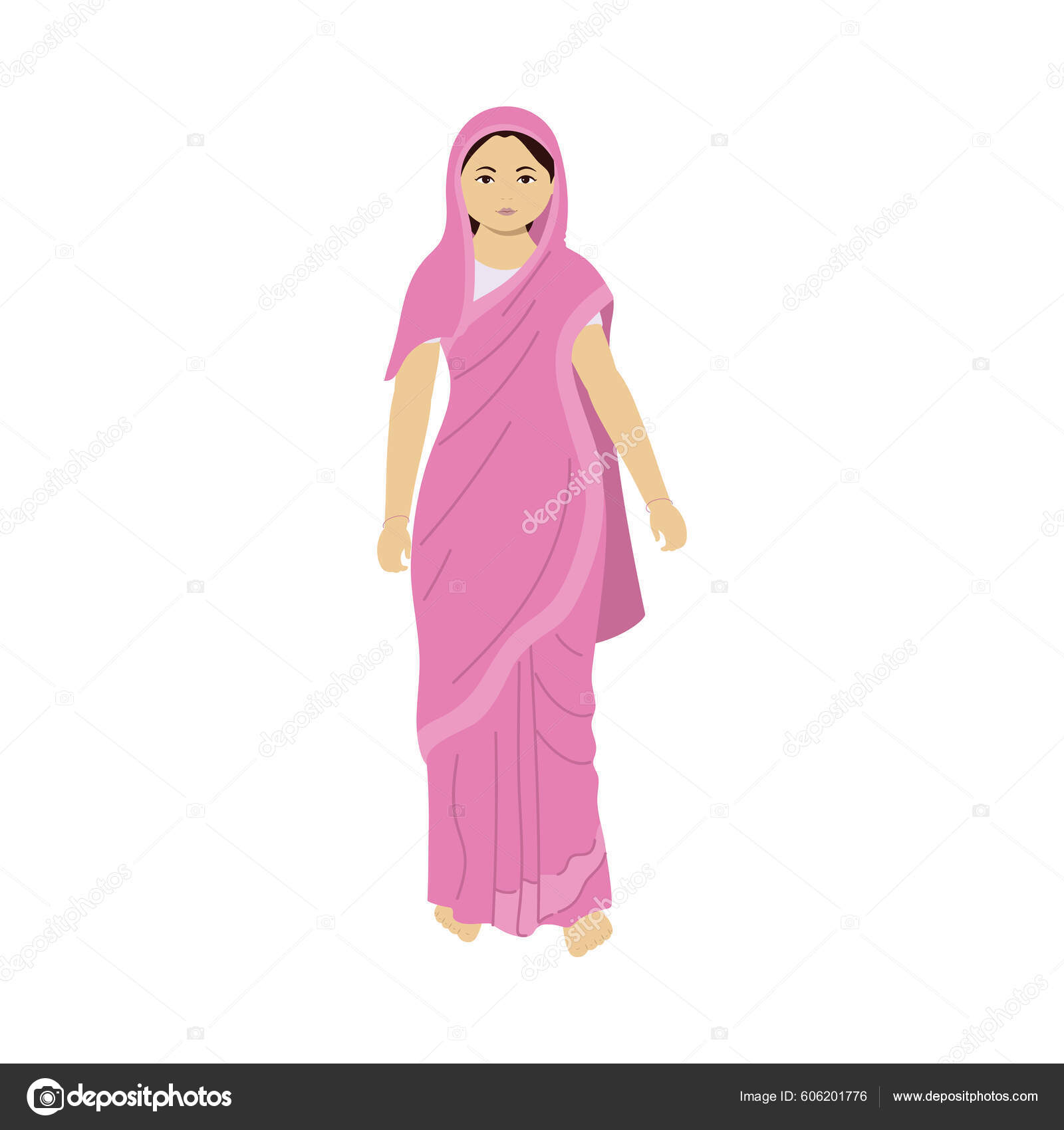 Character Indian Woman Wearing Pink Saree Standing Pose White