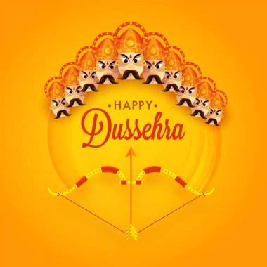 Happy Dussehra Celebration Concept With Archer Bow And Ten Head Of Demon King Ravana On Orange Background.
