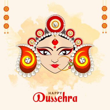 Happy Dussehra Concept With Goddess Durga Face And Yellow Watercolor Effect On White Background.