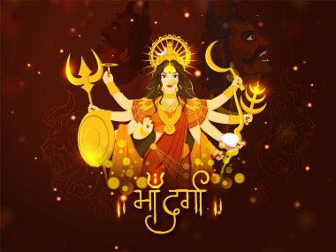 Hindi Lettering Of Maa Durga With Goddess Durga Character, Mahishasura And Lion Faces On Dark Red Lights Effect Background.
