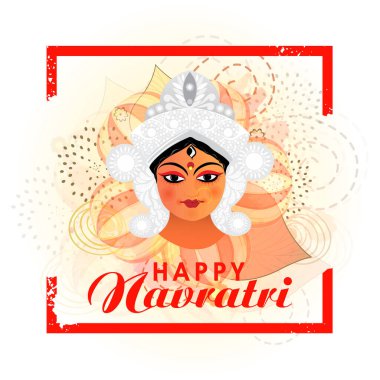 Happy Navratri Lettering With Goddess Durga Face On Abstract White Background.