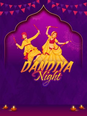 Dandiya Night Party Flyer Design With Indian Couple Dancer, Lit Oil Lamps (Diya) And Bunting Flags On Purple Mandala Background.