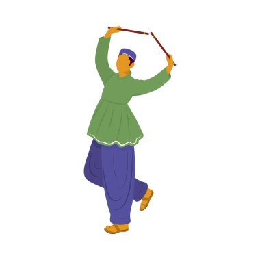 Faceless Gujarati Man Dancing With Dandiya Sticks On White Background.