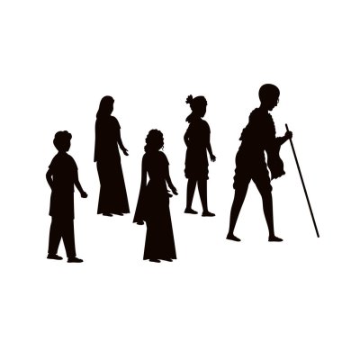 Silhouette Mahatma Gandhi With Supporter People On White Background.
