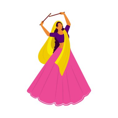 Cartoon Indian Woman Playing With Dandiya Sticks On White Background.