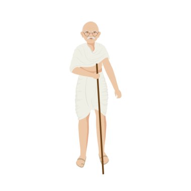 Character Of Mahatma Gandhiji Standing With Stick On White Background.