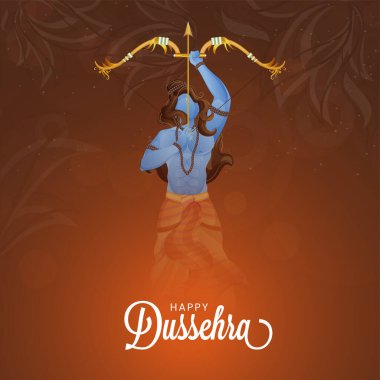 Happy Dussehra Celebration Poster Design With Hindu Mythology Lord Rama Holding Bow And Arrow Against Burnt Brown Background.
