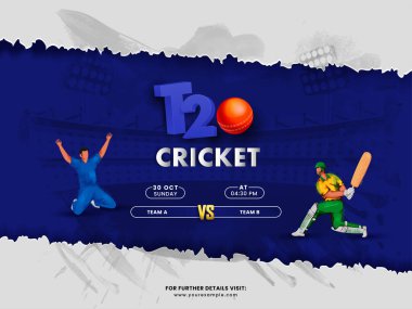 T20 Cricket Match Between Team A VS B With Faceless Batsman, Bowler Character On Torn Paper Gray And Blue Stadium Background.