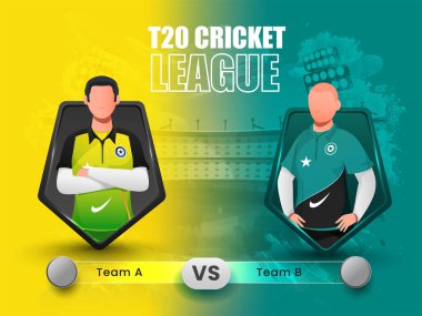 T20 Cricket Match Between Team A VS B (Australia VS New Zealand) On Teal And Yellow Stadium Grunge Background.