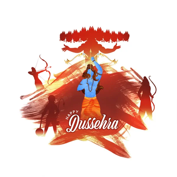 Happy Dussehra Celebration Concept With Lord Rama Taking An Aim, Silhouette Demon Ravana, Lakshman, Hanuman And Red Brush Effect On White Background.