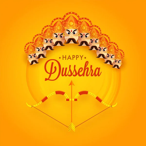 Happy Dussehra Celebration Concept With Archer Bow And Ten Head Of Demon King Ravana On Orange Background.