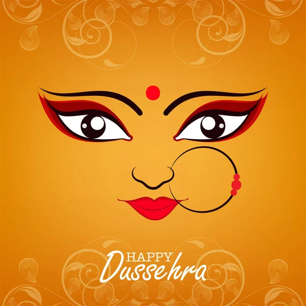 Happy Dussehra Celebration Concept With Hindu Mythology Goddess Durga Face On Orange Swirl Paisley Background.
