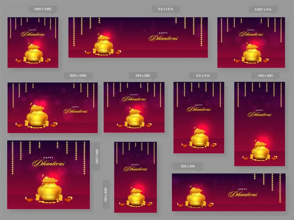 Happy Dhanteras Celebration Banner Template Set Gold Coins Pot Lit — Image vectorielle