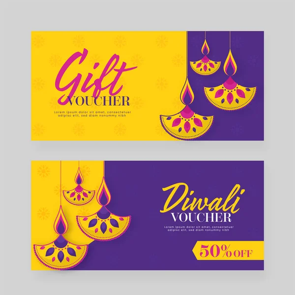 Diwali Gift Voucher Template Banner Set Discount Offer Hanging Lit — 图库矢量图片