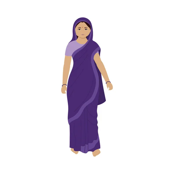 Character Indian Woman Standing White Background — Vetor de Stock