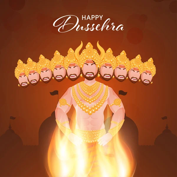 Happy Dussehra Celebration Concept Flaming Demon Ravana Brown Ayodhya Temple — Stock Vector