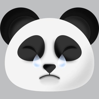 Tears Falling Panda Cartoon Face Emoji Against Grey Background.