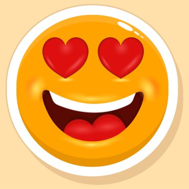 Sticker Style Hearts Eyes Happy Cartoon Face Emoji Over Yellow Background.