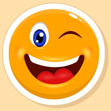 Sticker Style Winking Eye Cartoon Circle Face Emoji Yellow Background.