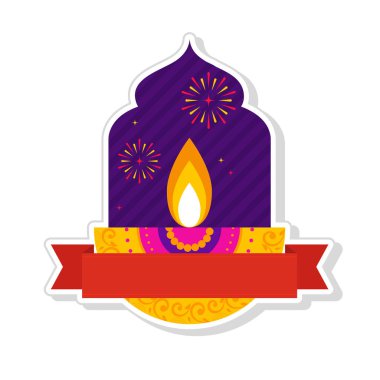 Sticker Style Blank Ribbon With Burning Oil Lamp (Diya) Against Purple Door Way Firework Background.