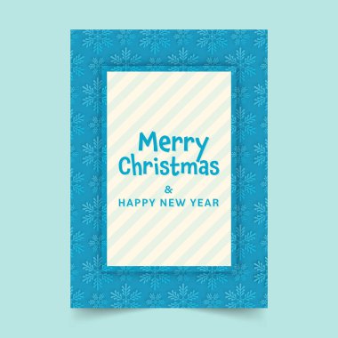 Merry Christmas And Happy New Year Greeting Card Decorated With Snowflakes In Blue And White Color.