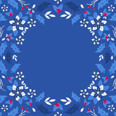 Blue Background Decorated With Poinsettia Flowers, Leaves, Holly Berry And Copy Space for Merry Christmas Celebrations. 