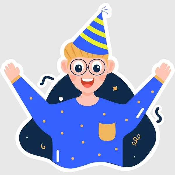 Vector Illustration Happy Little Boy Wearing Party Hat Sticker Style — Stockvektor