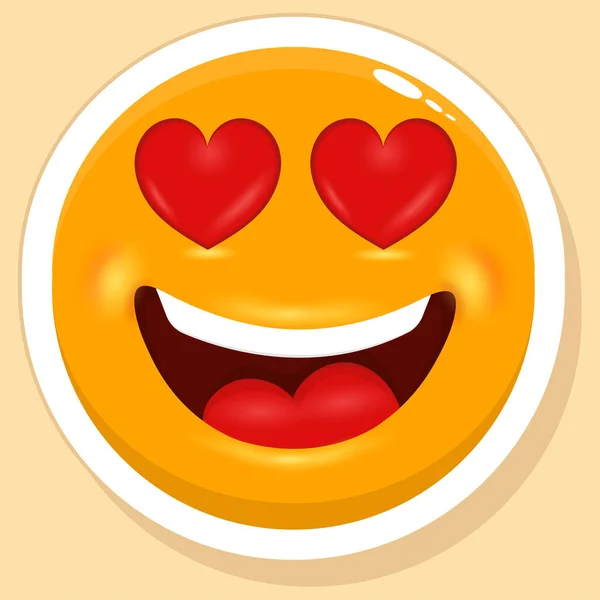 Sticker Style Hearts Eyes Happy Cartoon Face Emoji Yellow Background — Image vectorielle