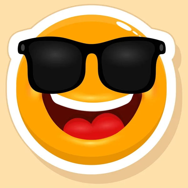 Black Goggles Wearing Happy Cartoon Emoji Sticker Yellow Background —  Vetores de Stock