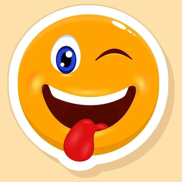 Sticker Style Tongue Out Winking Eye Cartoon Emoji Yellow Background — Stockvector