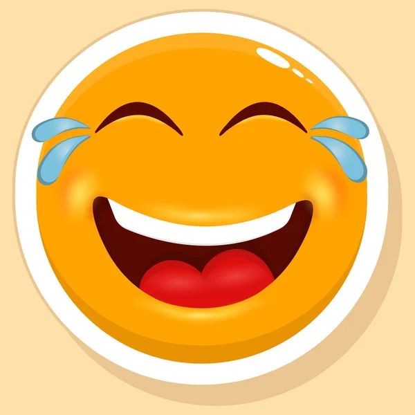 Sticker Style Tears Fall Laughing Cartoon Face Emoji Yellow Background — Vetor de Stock