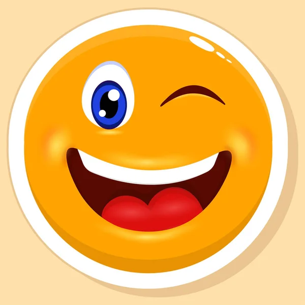 Sticker Style Winking Eye Cartoon Circle Face Emoji Yellow Background — Stock Vector