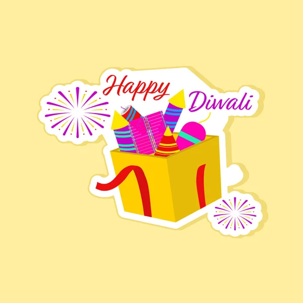 Sticker Style Open Firecracker Box Yellow Background Happy Diwali Celebration — Διανυσματικό Αρχείο