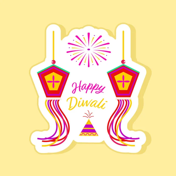 Happy Diwali Message Sticker Burning Firecracker Anar Kandil Hang White — Stockvector
