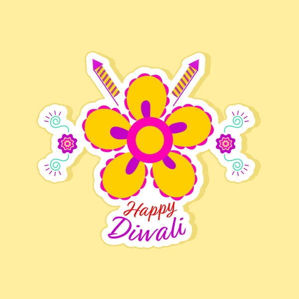 Happy Diwali Wishes Sticker Firecracker Rocket Floral Yellow Background — Vettoriale Stock