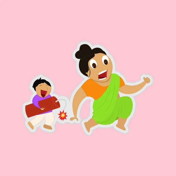 Sticker Style Diwali Funny Character Shouting Little Boy Running Burning — Stock vektor