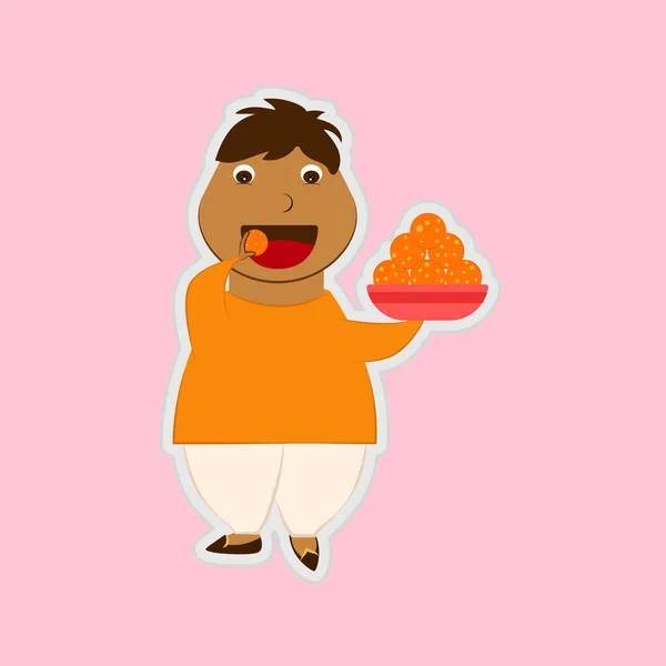 Cartoon Sticker Indian Young Fatty Man Eating Laddu Sweets Ball — стоковый вектор