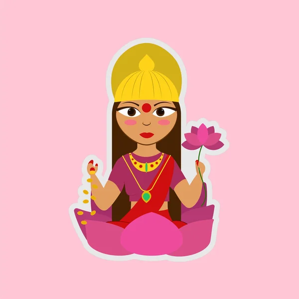 Sticker Style Maa Lakshmi Pink Background — 图库矢量图片