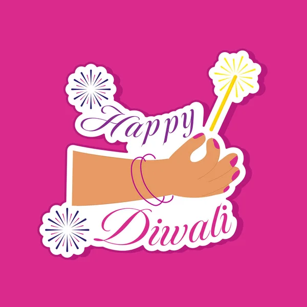 Sticker Style Indian Woman Holding Sparkling Stick Hand Pink Background — Wektor stockowy