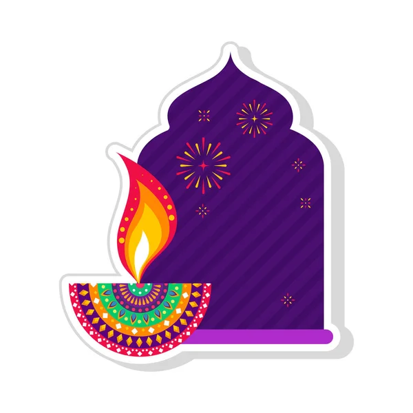 Sticker Style Colorful Floral Oil Lamp Diya Burning Purple Door — стоковый вектор