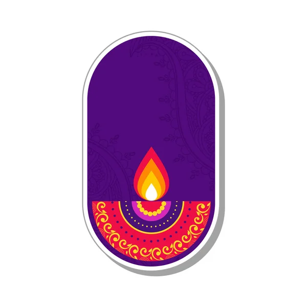 Isolated Sticker Colorful Floral Diya Oil Lamp Burning Oval Purple — Vetor de Stock