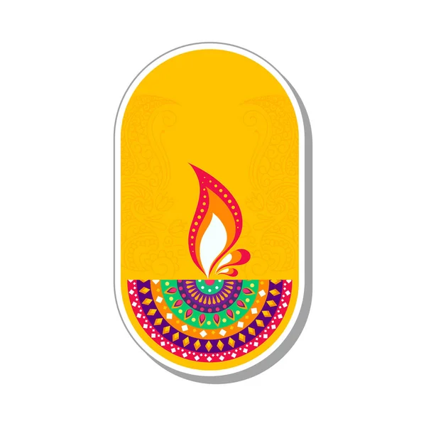 Sticker Style Colorful Floral Diya Oil Lamp Burning Oval Yellow — Vetor de Stock