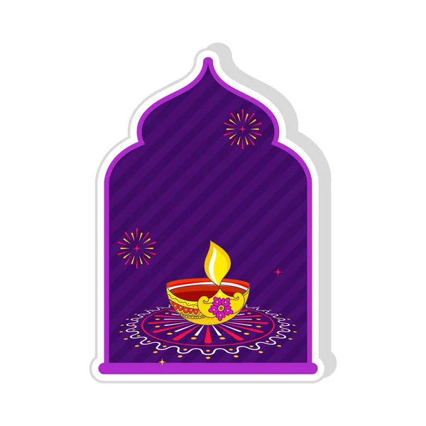 Sticker Style Burning Floral Diya Oil Lamp Rangoli Fireworks Door — Stockový vektor